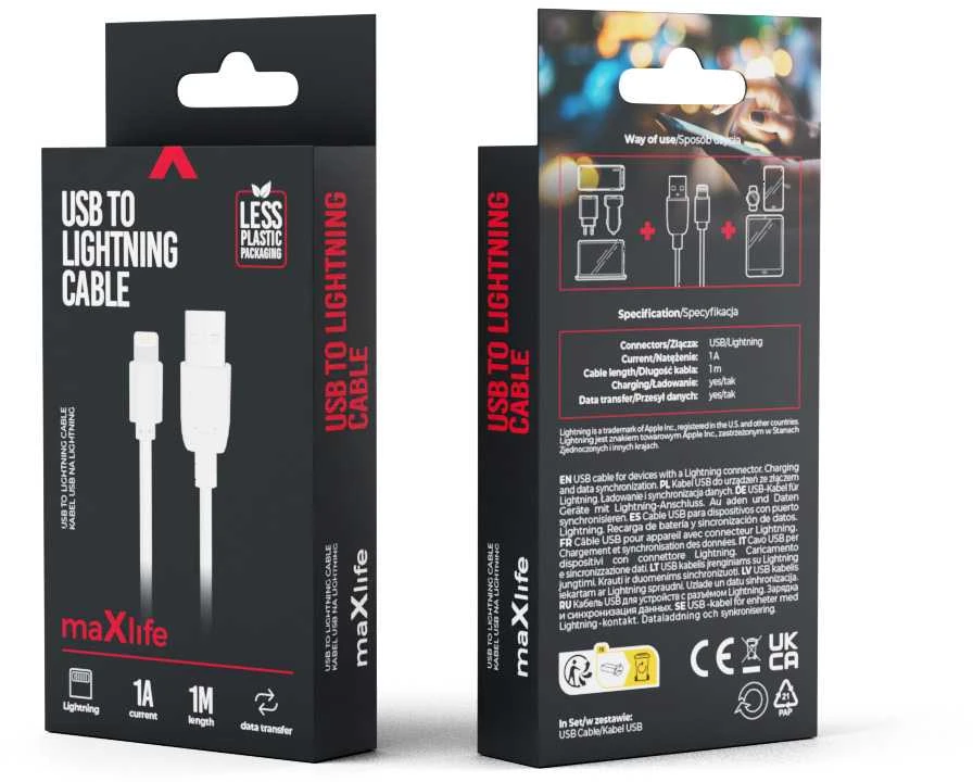 USB kabelis Maxlife Apple Lightning baltas, 1A, 1.0m