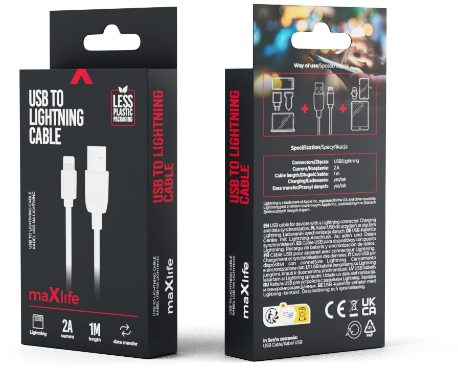 USB laidas Maxlife Apple Lightning FastCharge baltas, 2.0A,1.0m