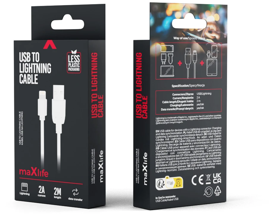 „Maxlife“ laidas USB – „Lightning“ 2,0 m 2A baltas