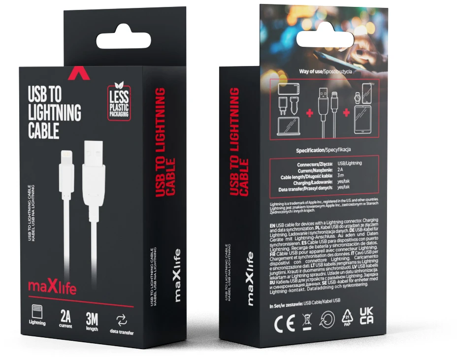 „Maxlife“ laidas USB – „Lightning“ 3,0 m 2A baltas