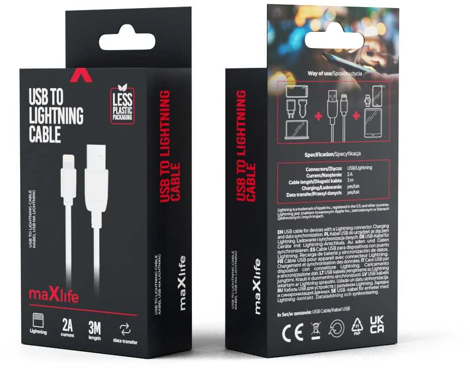 „Maxlife“ laidas USB – „Lightning“ 3,0 m 2A baltas