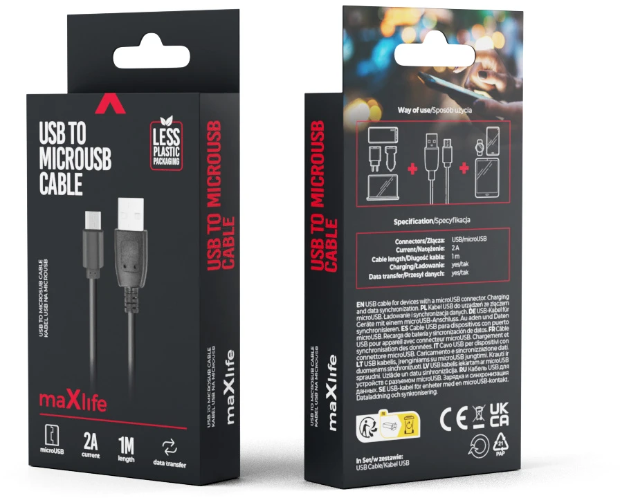 Maxlife laidas USB – microUSB 1,0 m 2A juodas