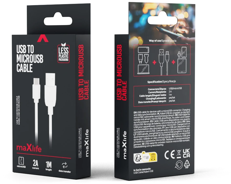 Maxlife laidas USB – microUSB 1,0 m 2A baltas