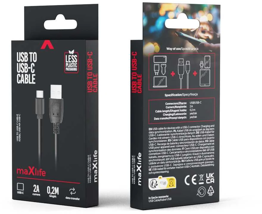 Maxlife laidas USB – USB-C 0,2 m 2A juodas