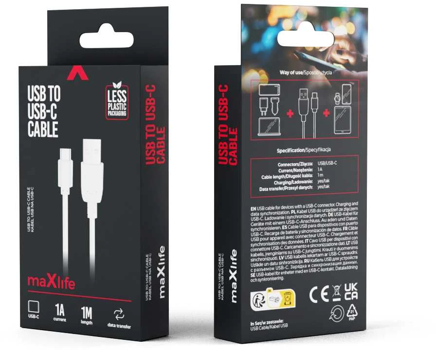 USB kabelis Maxlife Type-C baltas, 1A, 1.0m