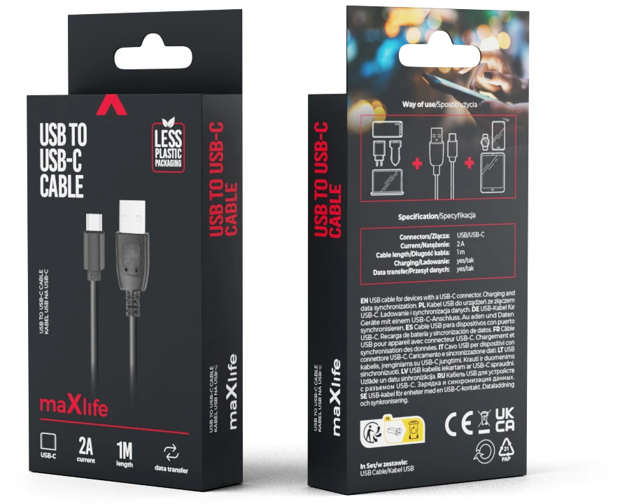 Maxlife USB – USB-C laidas 1,0 m 2A juodas