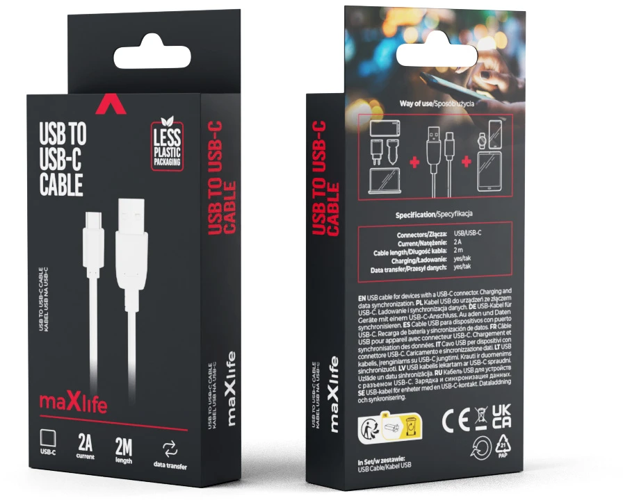 Maxlife laidas USB – USB-C 2,0 m 2A baltas