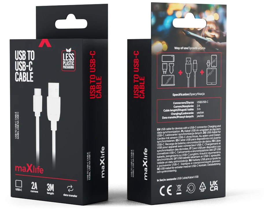 Maxlife laidas USB – USB-C 3,0 m 2A baltas