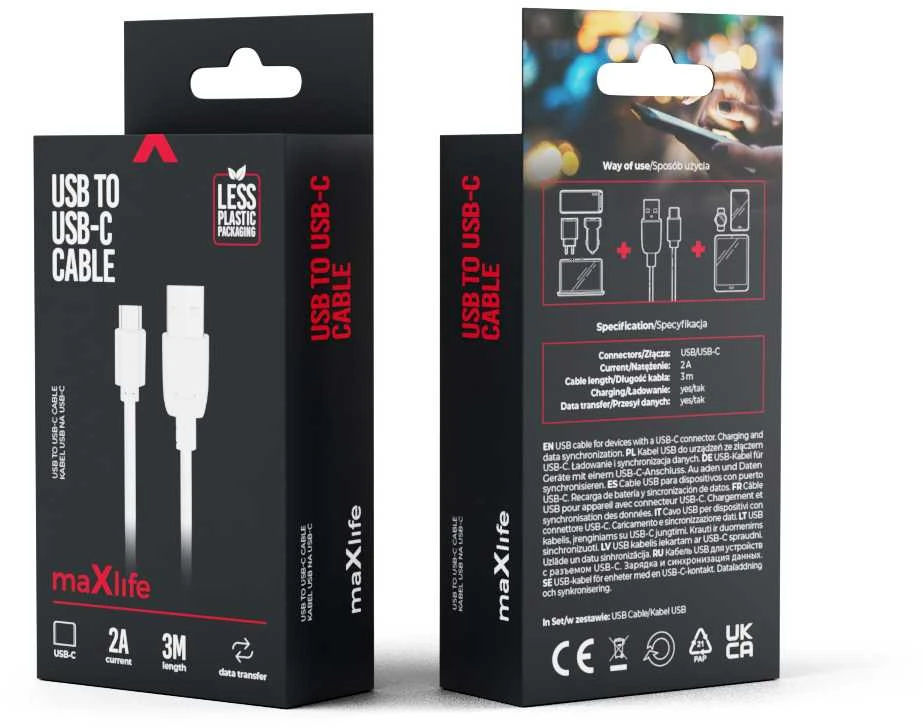 Maxlife laidas USB – USB-C 3,0 m 2A baltas