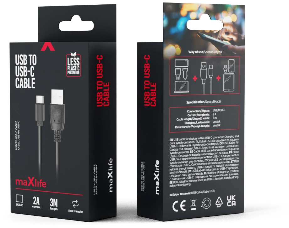Maxlife laidas USB – USB-C 3,0 m 2A juodas