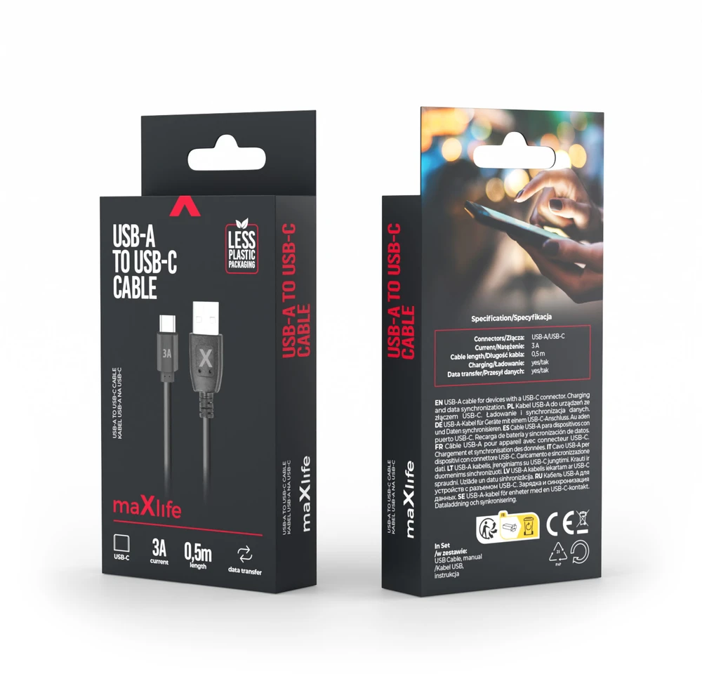 Maxlife laidas USB – USB-C 0,5 m 3A juodas