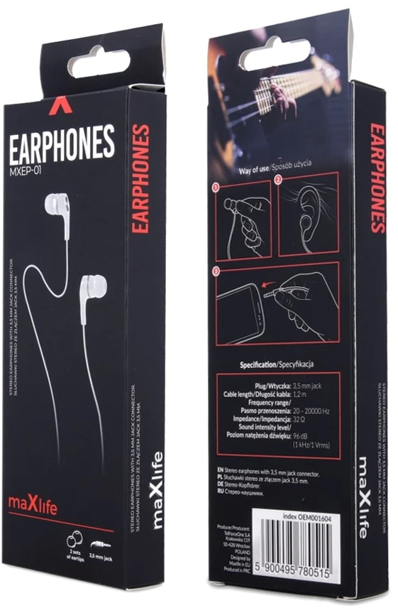 Maxlife laidinės ausinės MXEP-01, 3,5mm jungtis, baltos