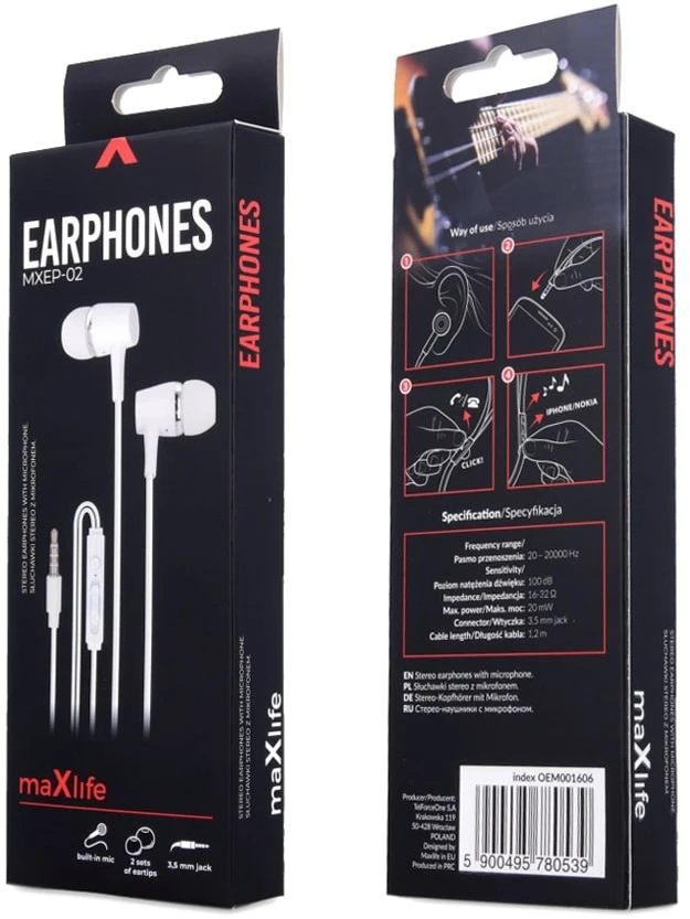 Maxlife laidinės ausinės MXEP-02, 3,5 mm jungtis, baltos
