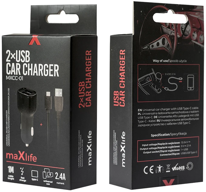 Maxlife MXCC-01 automobilinis įkroviklis 2x USB 2.4A juodas + USB-C laidas