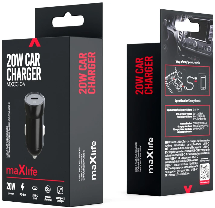 Maxlife MXCC-04 PD QC automobilinis įkroviklis 1x USB-C 20W juodas