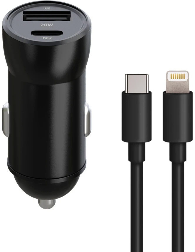 Maxlife MXCC-04 PD QC automobilinis įkroviklis 1x USB-C 1x USB 20W juodas + USB-C – Lightning laidas 27W