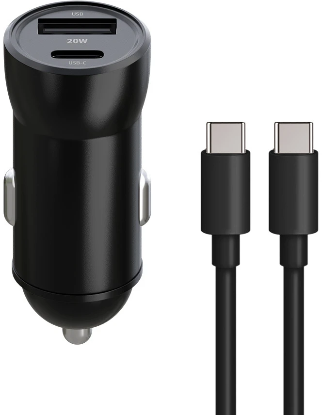 Maxlife MXCC-04 PD QC automobilinis įkroviklis 1x USB-C 1x USB 20W juodas + USB-C – USB-C laidas 60W