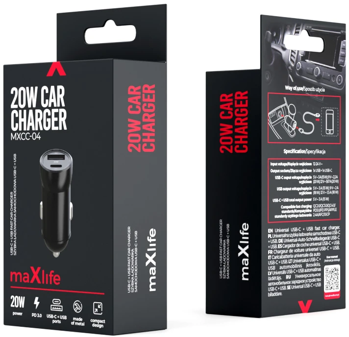 Maxlife MXCC-04 PD QC automobilinis įkroviklis 1x USB-C 1x USB 20W juodas