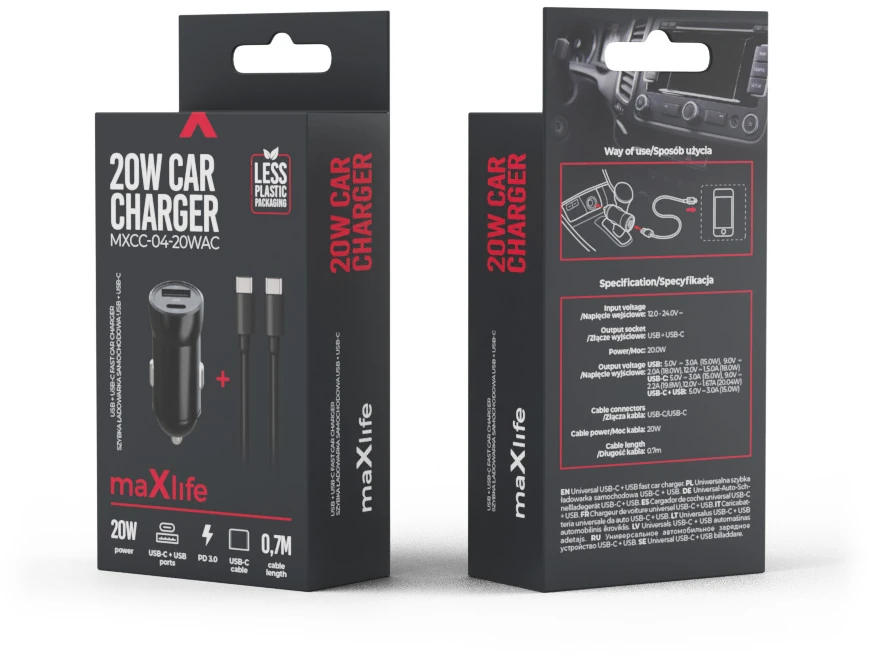 Maxlife MXCC-04 PD QC automobilinis įkroviklis 1x USB-C 1x USB 20W juodas + USB-C – USB-C laidas 60W