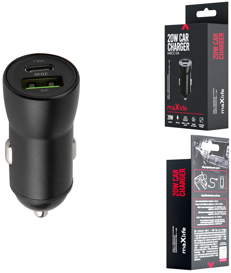 Maxlife MXCC-04 PD QC automobilinis įkroviklis 1x USB-C 1x USB 20W juodas