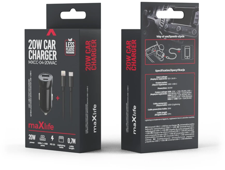 Maxlife MXCC-04 PD QC automobilinis įkroviklis 1x USB-C 1x USB 20W juodas + USB-C – Lightning laidas 27W