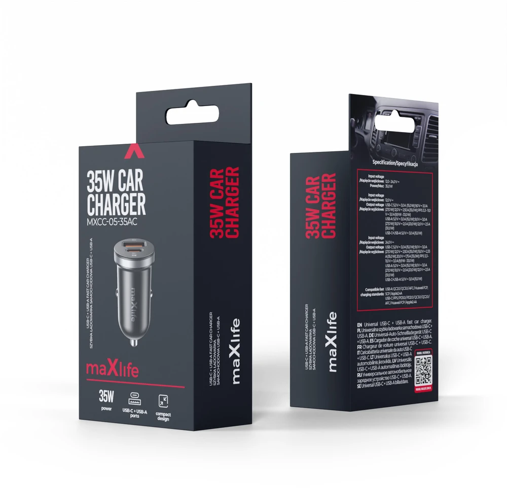 Maxlife MXCC-05 PD QC automobilinis įkroviklis 1x USB-C 1x USB 35W juodas