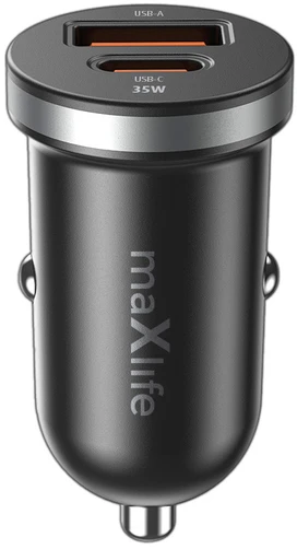 Maxlife MXCC-05 PD QC automobilinis įkroviklis 1x USB-C 1x USB 35W juodas