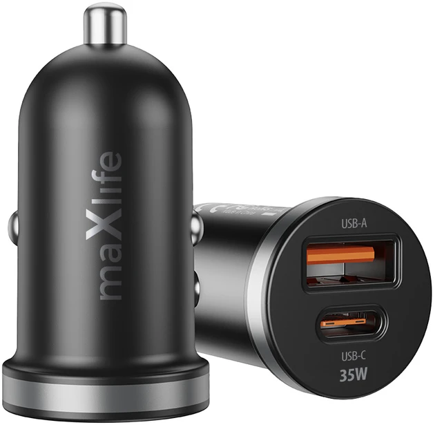 Maxlife MXCC-05 PD QC automobilinis įkroviklis 1x USB-C 1x USB 35W juodas
