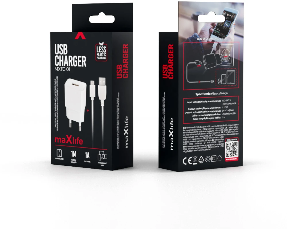 Įkroviklis Maxlife MXTC-01 USB + microUSB (1A) baltas