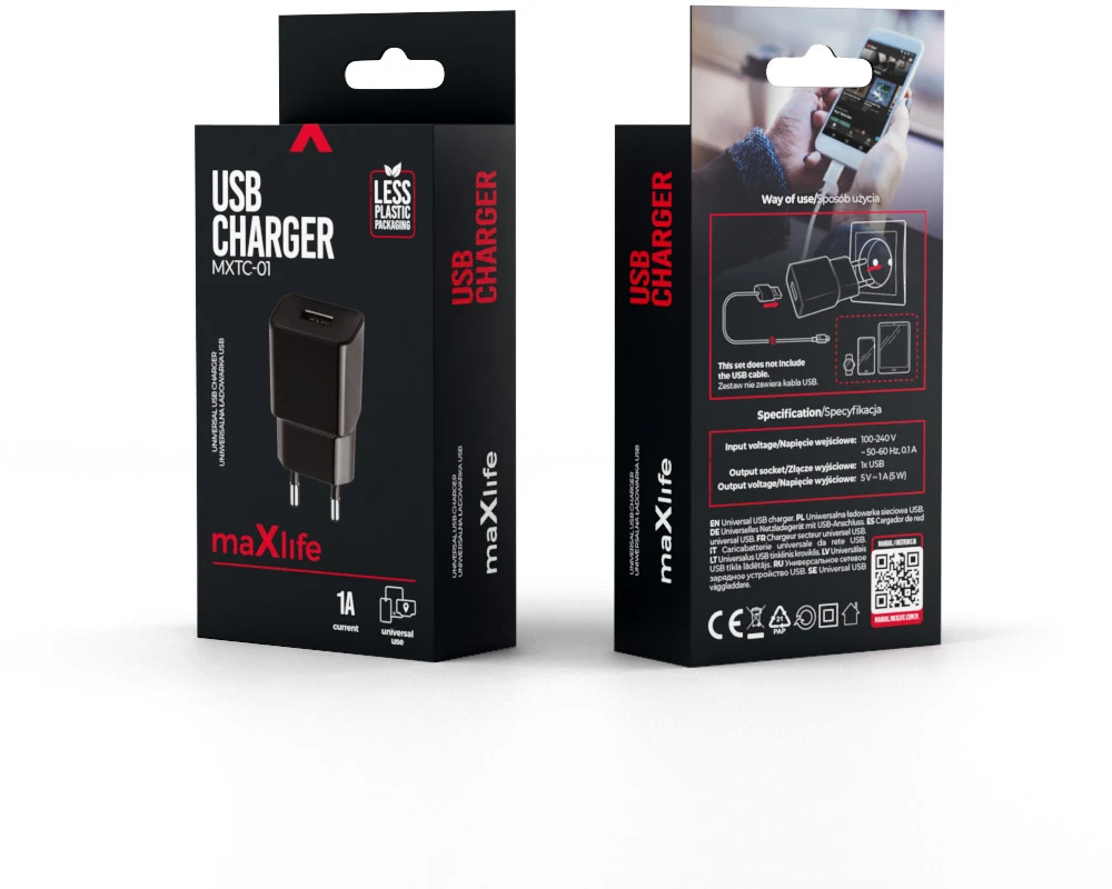 Maxlife MXTC-01 įkroviklis 1x USB 1A juodas