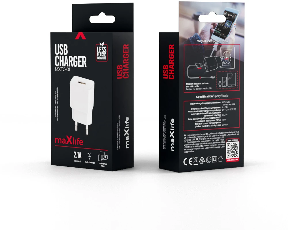 Maxlife MXTC-01 įkroviklis 1x USB 2.1A baltas