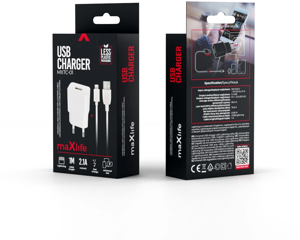 Maxlife MXTC-01 įkroviklis 1x USB 2.1A baltas + Lightning laidas