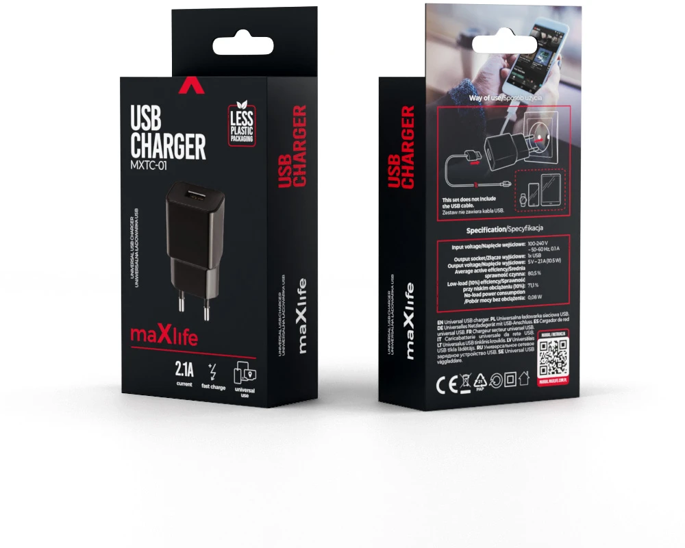 Maxlife MXTC-01 įkroviklis 1x USB 2.1A juodas