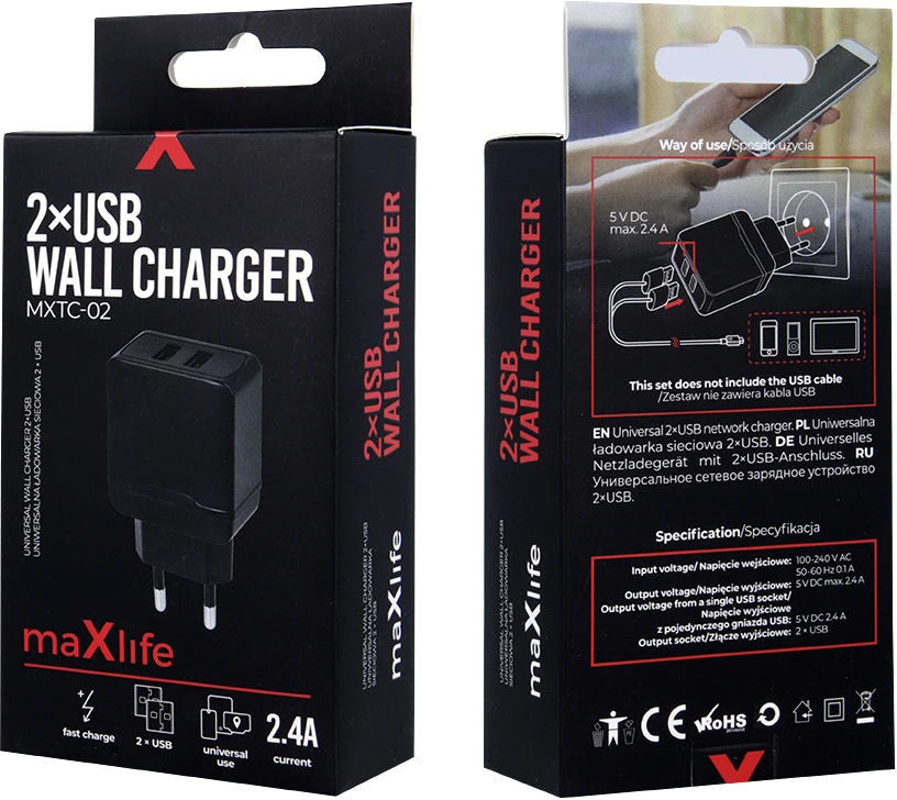 Įkroviklis buitinis Maxlife MXTC-02 su dviem USB jungtimis FastCharging (2.4A) juodas
