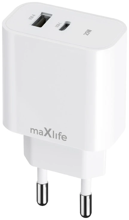 Maxlife MXTC-06-25AC PD QC įkroviklis 1x USB-C 1x USB 25W baltas