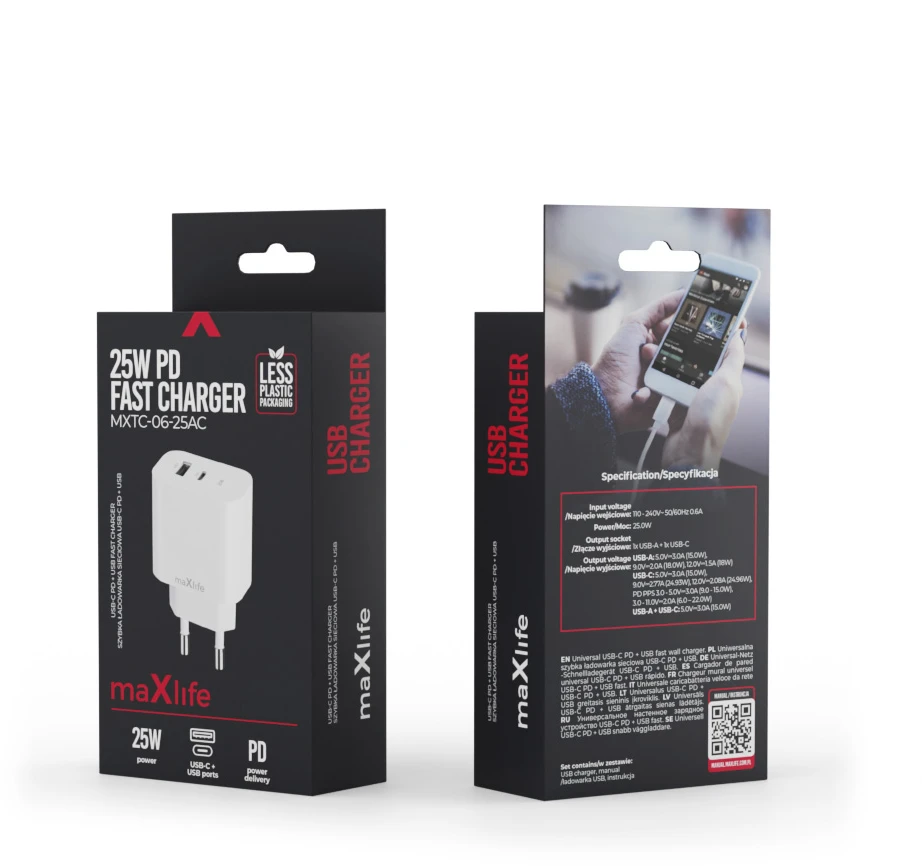 Maxlife MXTC-06-25AC PD QC įkroviklis 1x USB-C 1x USB 25W baltas