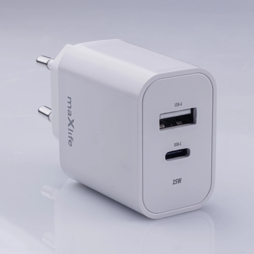 Maxlife MXTC-06-25AC PD QC įkroviklis 1x USB-C 1x USB 25W baltas