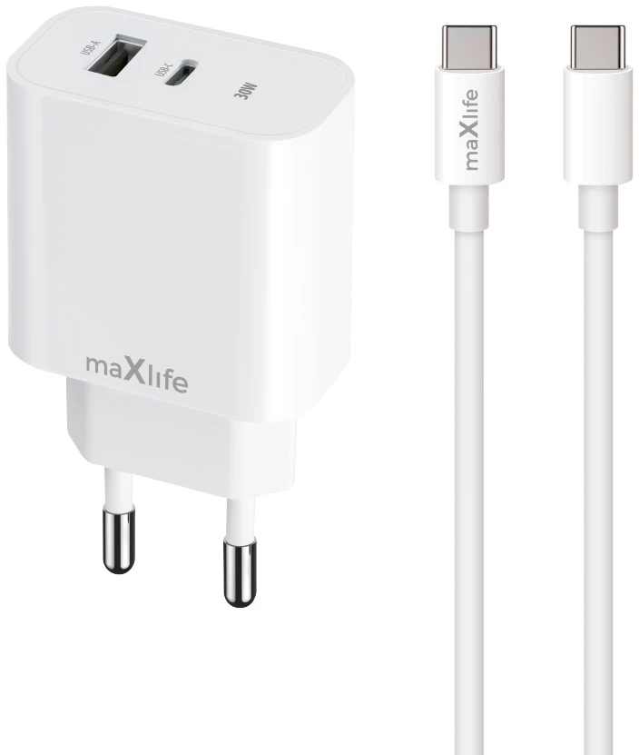 Maxlife MXTC-06-30AC PD QC įkroviklis 1x USB-C 1x USB 30W baltas + USB-C – USB-C laidas 60W