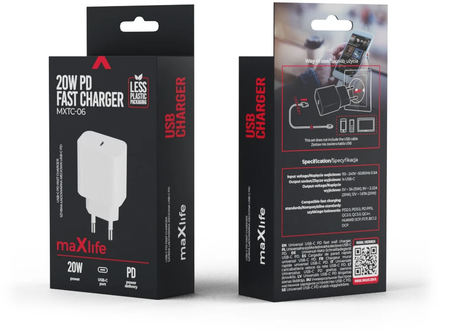 Maxlife MXTC-06 PD QC įkroviklis 1x USB-C 20W baltas