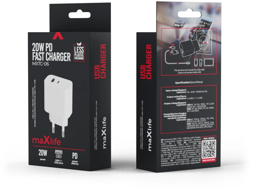 Maxlife MXTC-06 PD QC įkroviklis 1x USB-C 1x USB 20W baltas