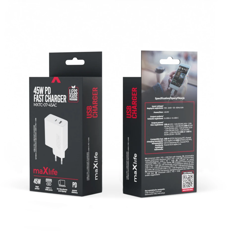 Maxlife MXTC-07-45AC PD QC įkroviklis 1x USB-C 1x USB 45W baltas