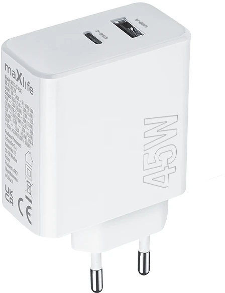 Maxlife MXTC-07-45AC PD QC įkroviklis 1x USB-C 1x USB 45W baltas