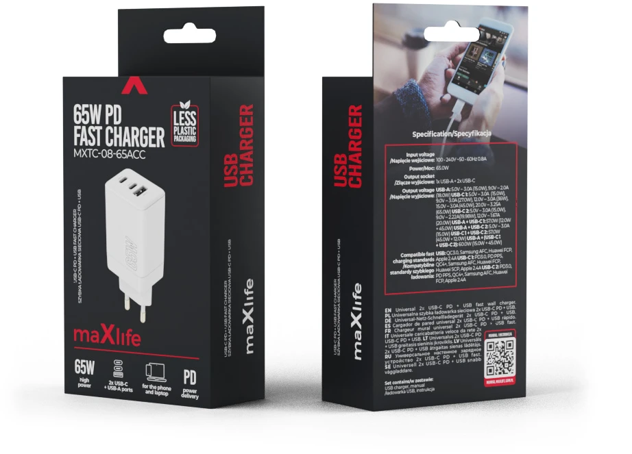 „Maxlife MXTC-08-65ACC PD QC“ įkroviklis 2x USB-C 1x USB 65W baltas