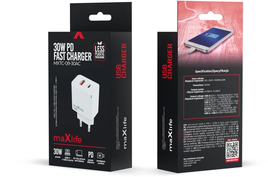 Maxlife MXTC-09-30AC GaN PD QC įkroviklis 1x USB-C 1x USB 30W baltas