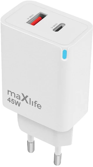 Maxlife MXTC-09-45AC GaN PD QC įkroviklis 1x USB-C 1x USB 45W baltas