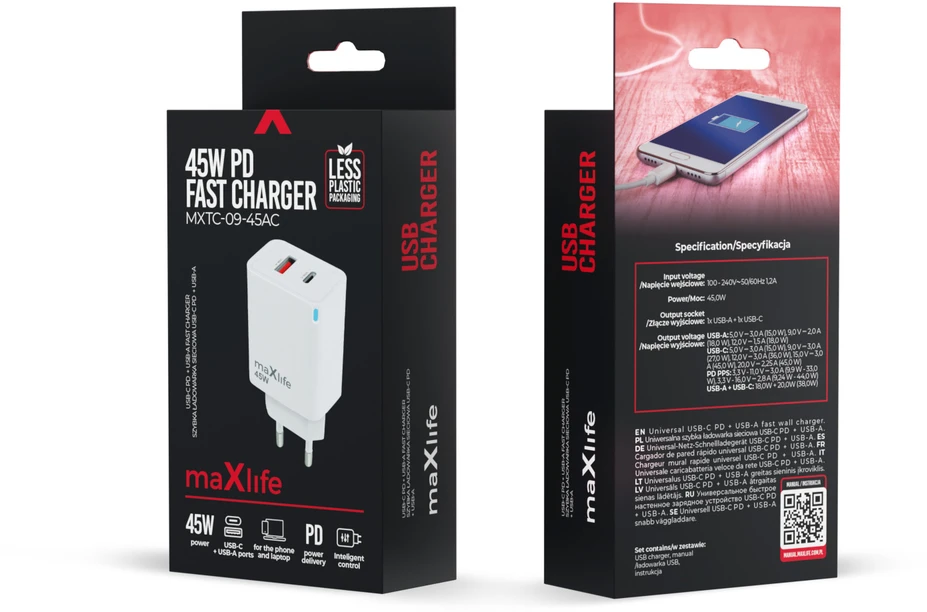 Maxlife MXTC-09-45AC GaN PD QC įkroviklis 1x USB-C 1x USB 45W baltas