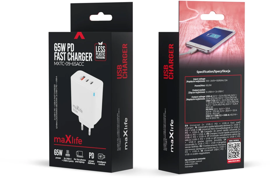 „Maxlife MXTC-09-65ACC GaN PD QC“ įkroviklis 2x USB-C 1x USB 65W baltas