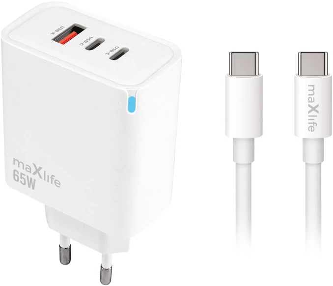 Maxlife MXTC-09-65ACC PD QC įkroviklis 2x USB-C 1x USB 65W baltas + USB-C – USB-C laidas 2.0m 100W
