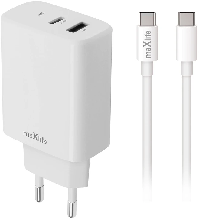 Maxlife MXTC-10-20AC PD QC įkroviklis 1x USB-C 1x USB 20W baltas + USB-C – USB-C laidas 20W