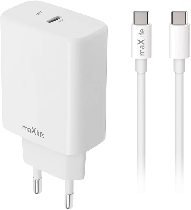 Maxlife MXTC-10-20C PD QC įkroviklis 1x USB-C 20 W baltas + USB-C – USB-C laidas 20 W